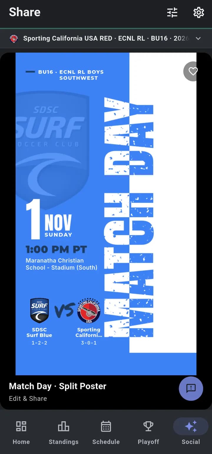 The Share screen with a match day design for an ECNL RL game