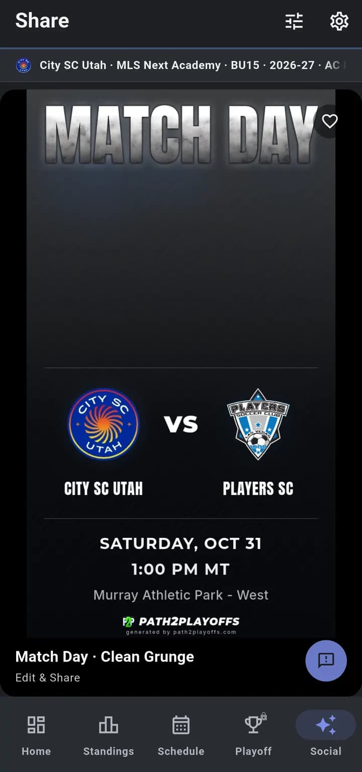 The Share screen with a match day graphic for an MLS NEXT Academy BU15 game